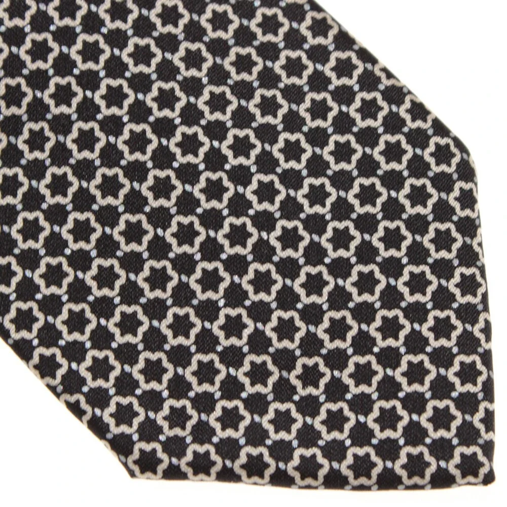 Brioni NWOT Neck Tie in Black with Cream Geometric Print 100% Silk Made in Italy